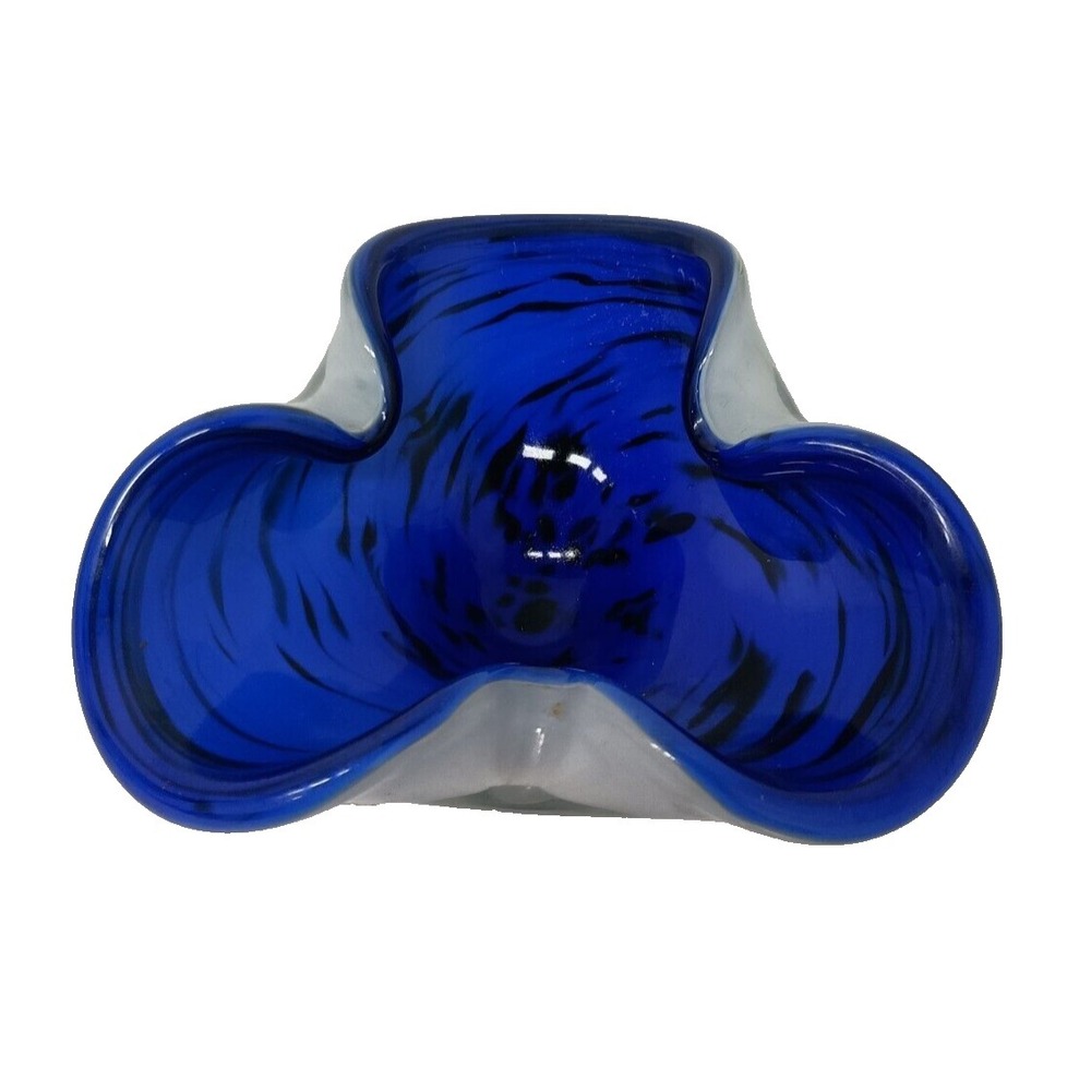 Vintage Murano Art Glass Blue Asymmetrical Ruffle Edge Bowl Candy Dish MCM